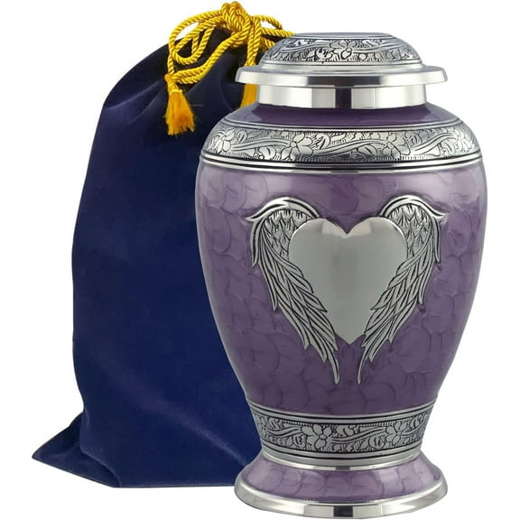 Dignity Angel Wings Urn - Loving Angel Wings Cremation Urn for Ashes - Handcrafted Angel Wings & Heart Adult Urn - Large Wings of Love Memorial Urn with Velvet Bag (Purple)