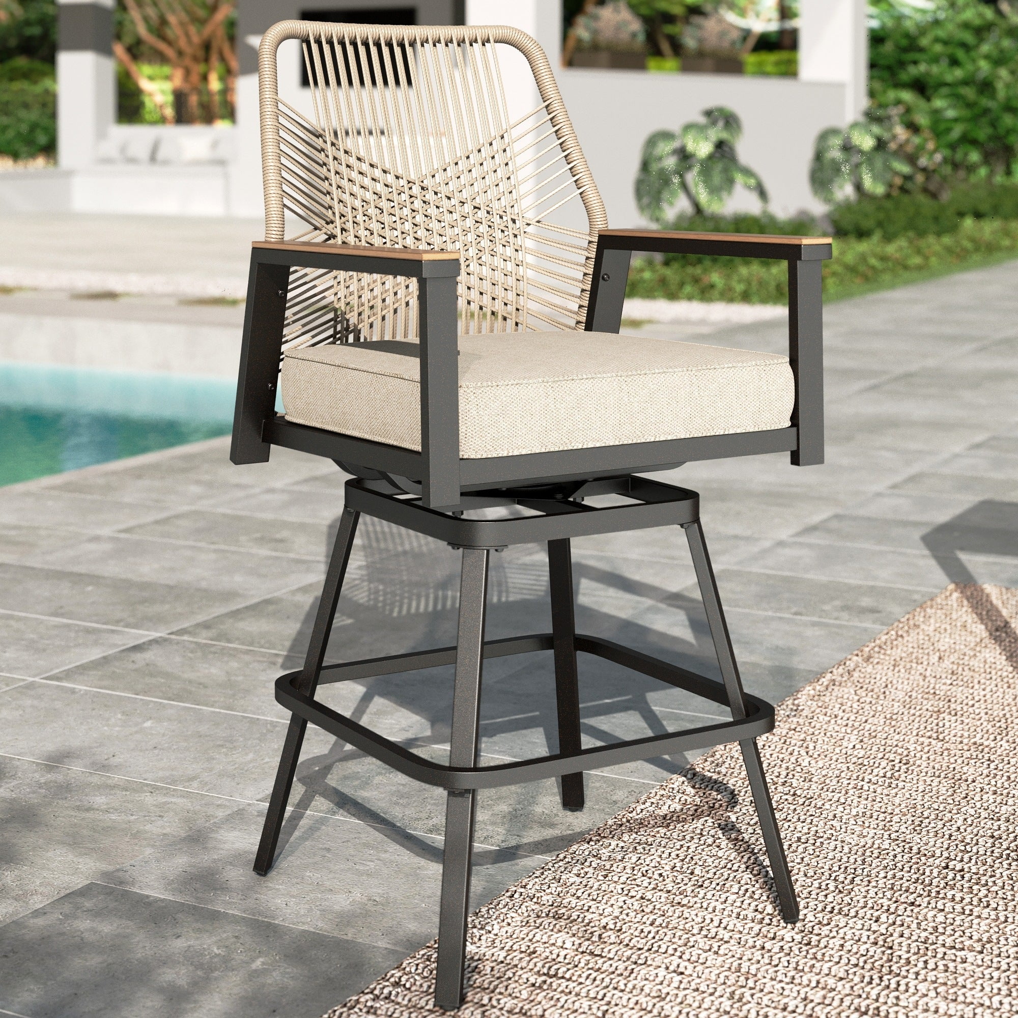 MF Studio 3-Piece Outdoor Patio Swivel Bar Set, All-Weather Rattan Bistro Set Dining Set with Removable Cushions, Square Bar Table