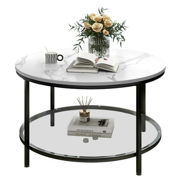 WSSYzyzf Round Coffee Table, Small Coffee Table with Faux Marble Top and Glass Storage Shelf, 2-Tier Circle Coffee Table, Modern Center Table for Living Room