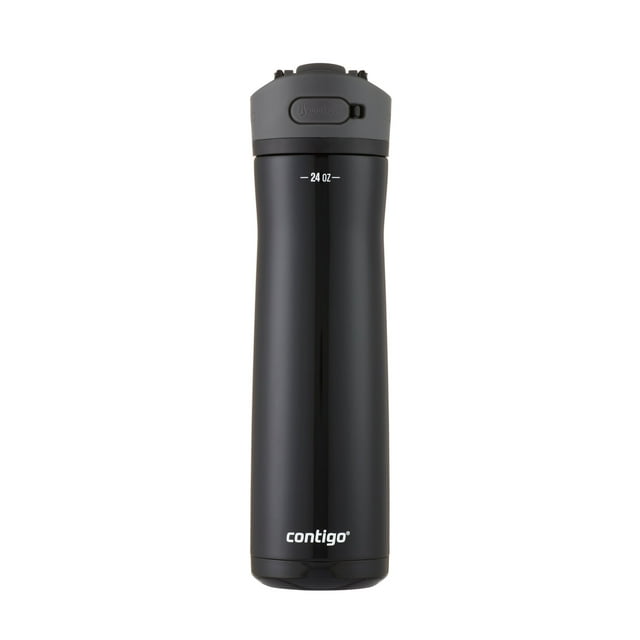 Contigo Ashland Chill 2.0 black stainless steel water bottle with gray AUTOSPOUT lid, holding 24 ounces.
