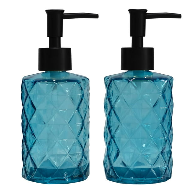 Dispensador de jabón YYTSGG de vidrio azul con bomba de plástico negro, 350 ml, paquete de 2