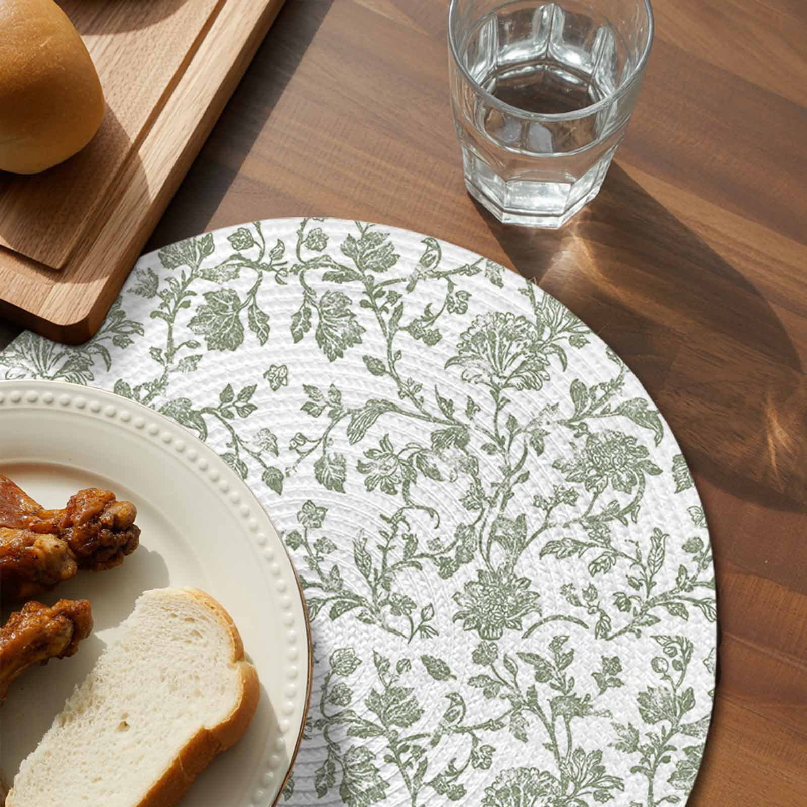 Sage Green Flower Round 13 Inch Placemats Set of 6, Vintage Farmhouse Boho Leaf Spring HeatResistant Non Slip Place Mats for Dining Table, Wipeable Braided Kitchen Table Mats for Housewarming