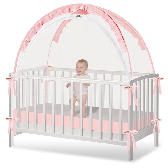 AUQ Crib Tent - Crib Net to Keep Baby In,Stop Baby from Climbing Out of Crib|Pop-Up Crib Tent,Breathable Mesh,Double Zipper,Strong Rods,Tearproof Fabric,Anti-Climb Pet Cover,Easy Install