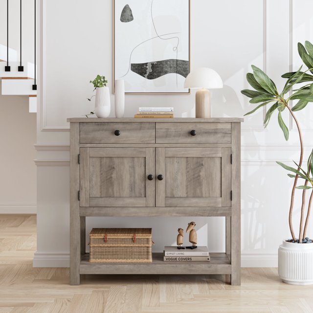 Homfa Table Console Style Ferme avec 2 Tiroirs et Armoire à 2 Portes, Table de Sofa Table d'Entrée avec Tablette de Rangement pour Salon, Couloir, Gris