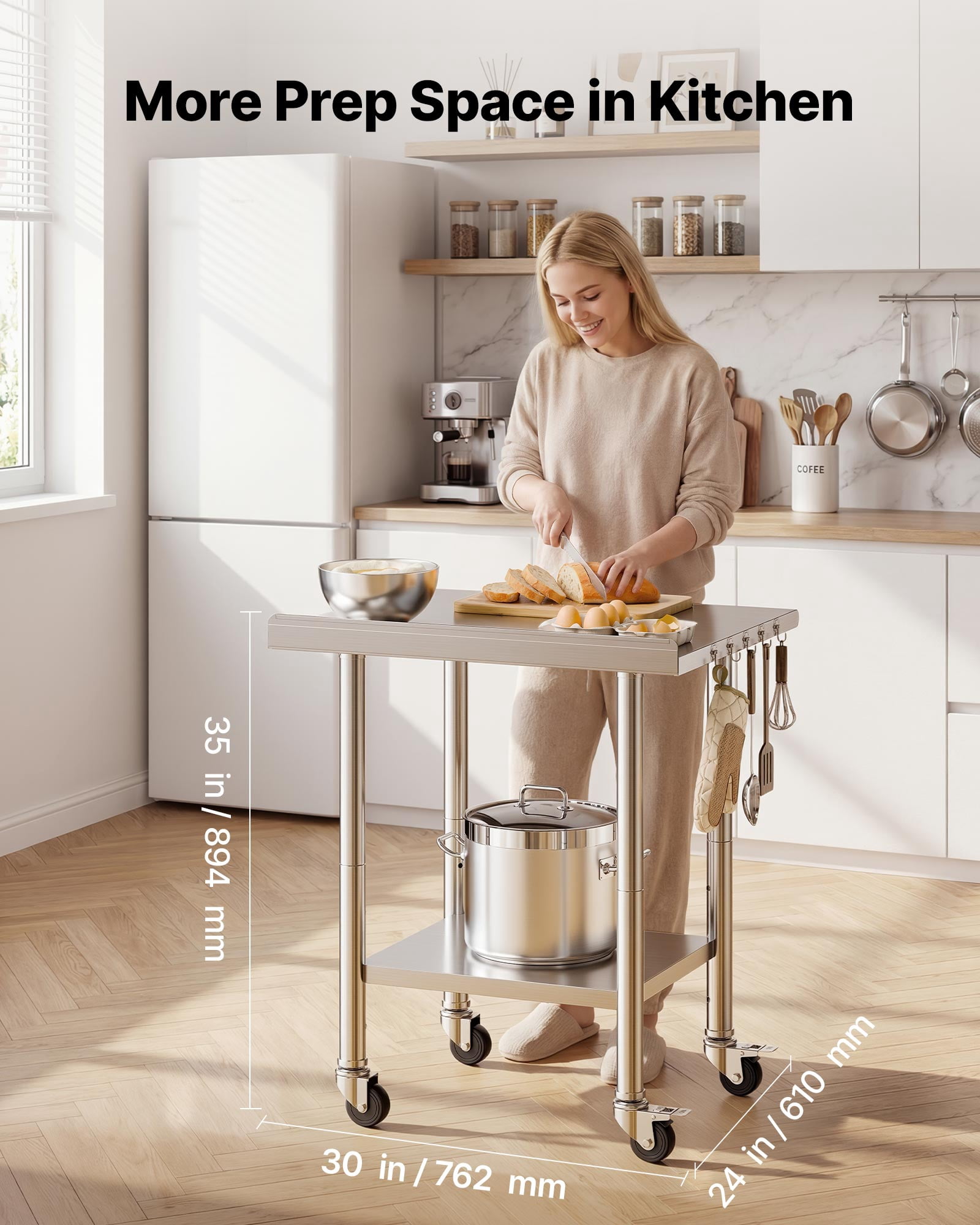 VEVOR Stainless Steel Work Table, 24x30 inch Food Prep Table with Wheels and Backsplash, Commercial Kitchen Workstation with Adjustable Undershelf, Metal Utility Worktable, for Restaurant Home