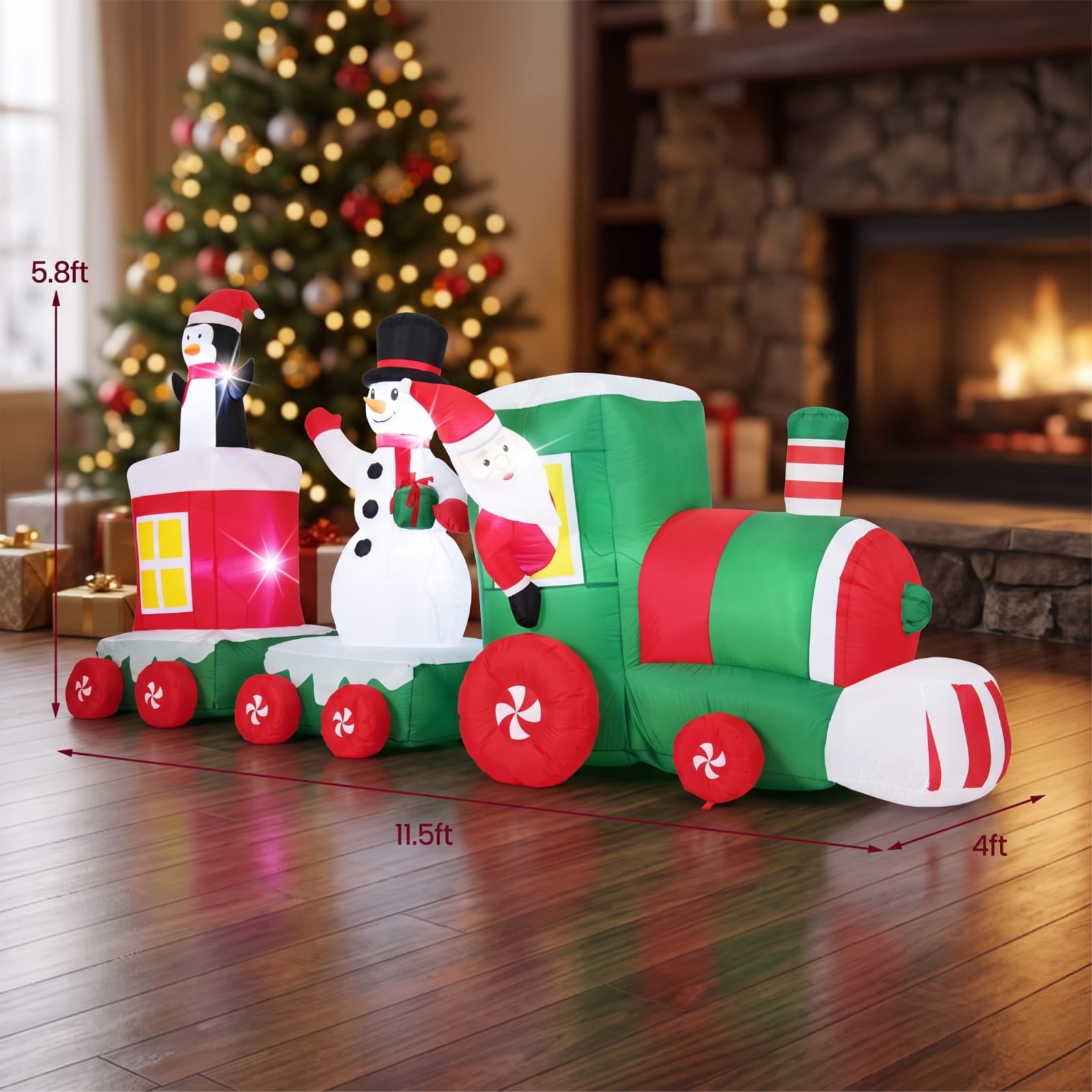 RUIE 11.5 FT Christmas Inflatables Train, Blow Up Santa Driving Train with Snowman Penguin and LED Lights, Outdoor Yard Decor for Lawn - Multicolor