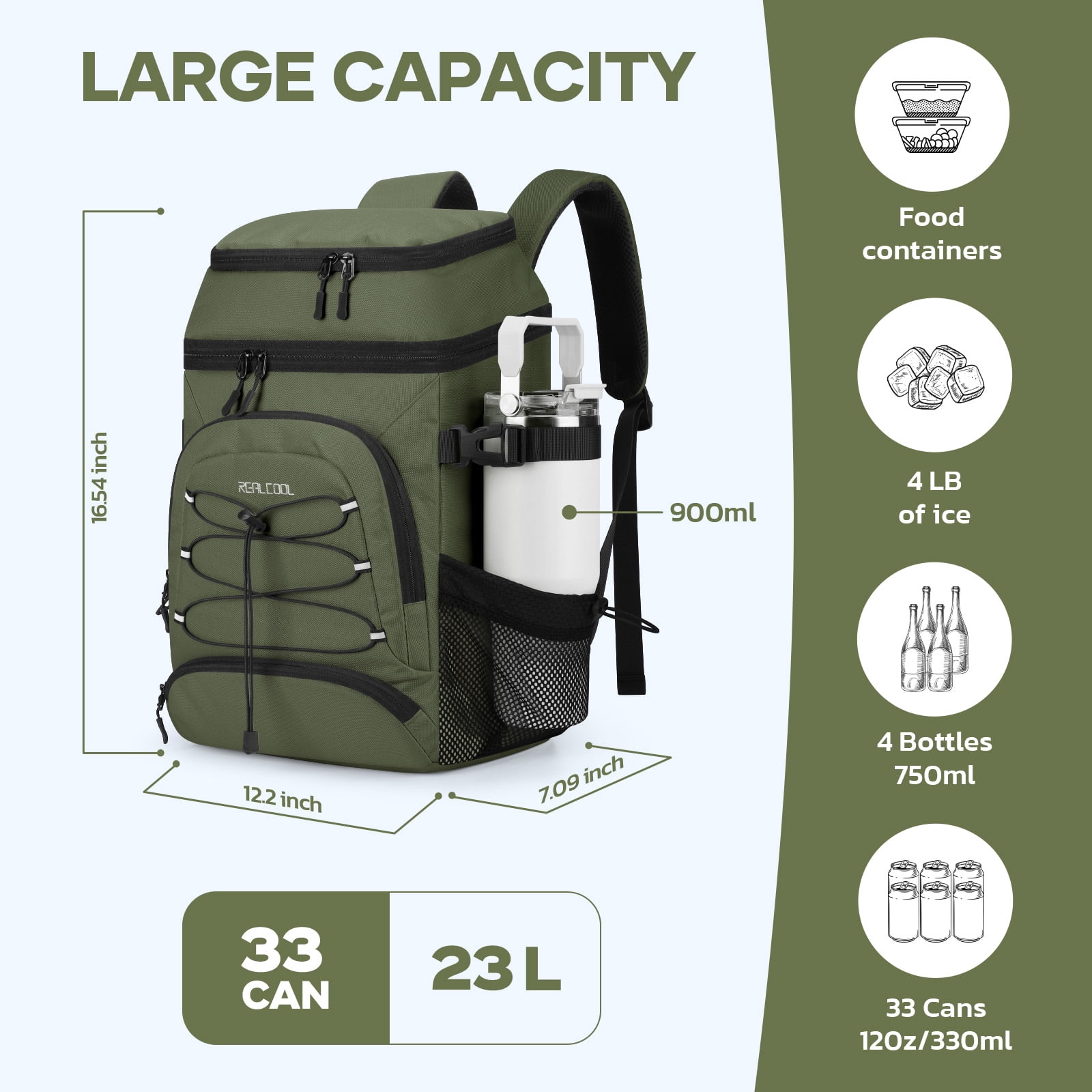Realcool Backpack Cooler，33 Cans Insulated Leakproof Soft Cooler Bag Lightweight Camping Beach Lunch Backpack for Men Women