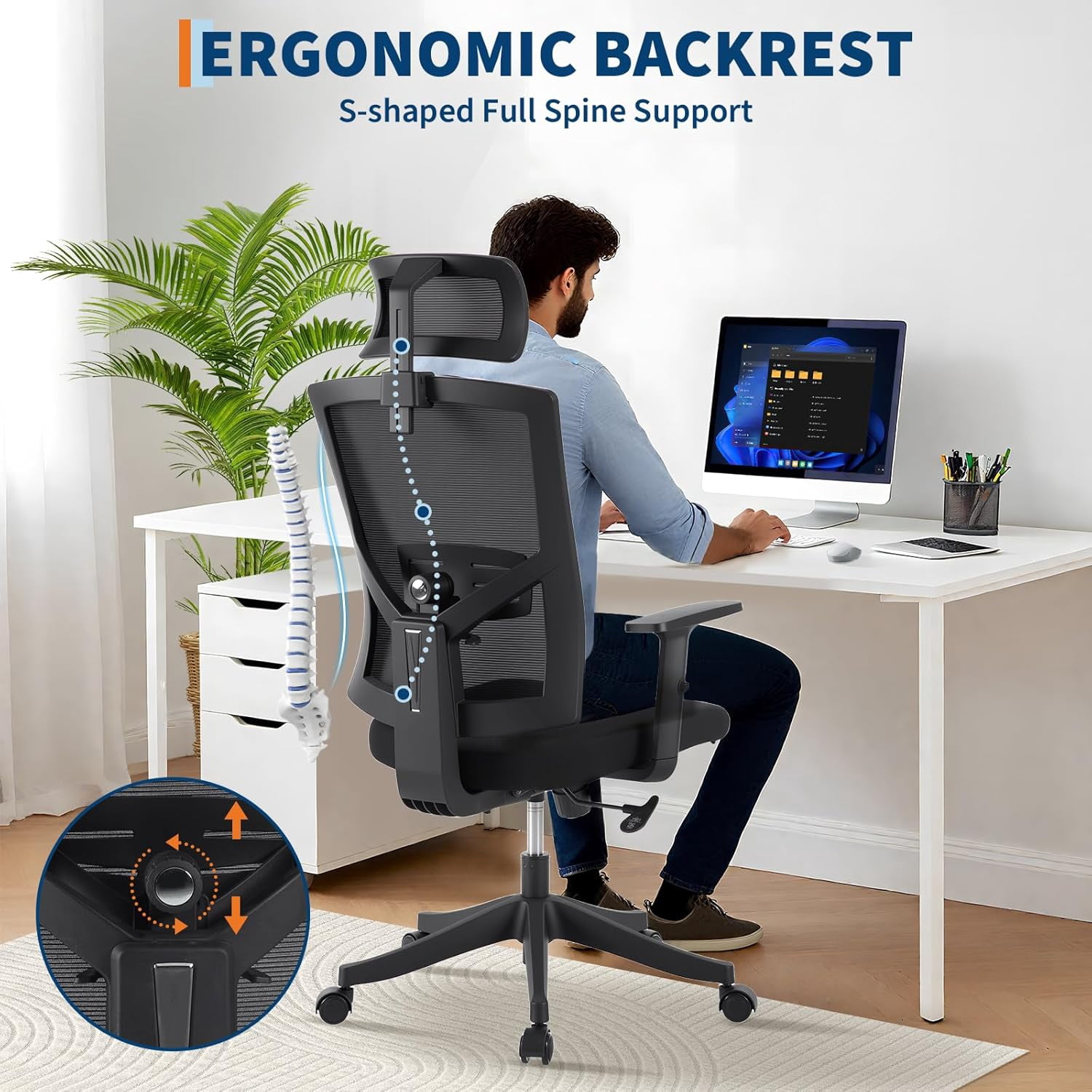 Rugerasy High Back Mesh Office Chair,Ergonomic Desk Chair Reclining,Full Ergonomic Support,Space-Saving Flip-Up Arms,Adjustable Headrest & Recline for Gaming,Black + Black