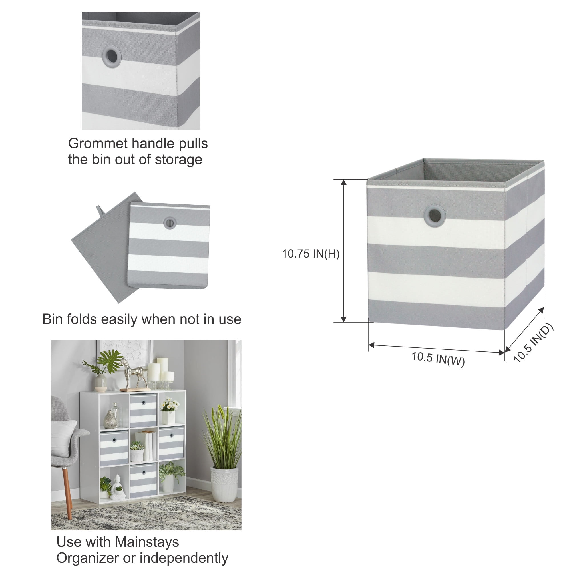 Your Zone Collapsible Fabric Storage Bin, Gray Stripe, 10.5 in x 10.5 in x 10.75 in