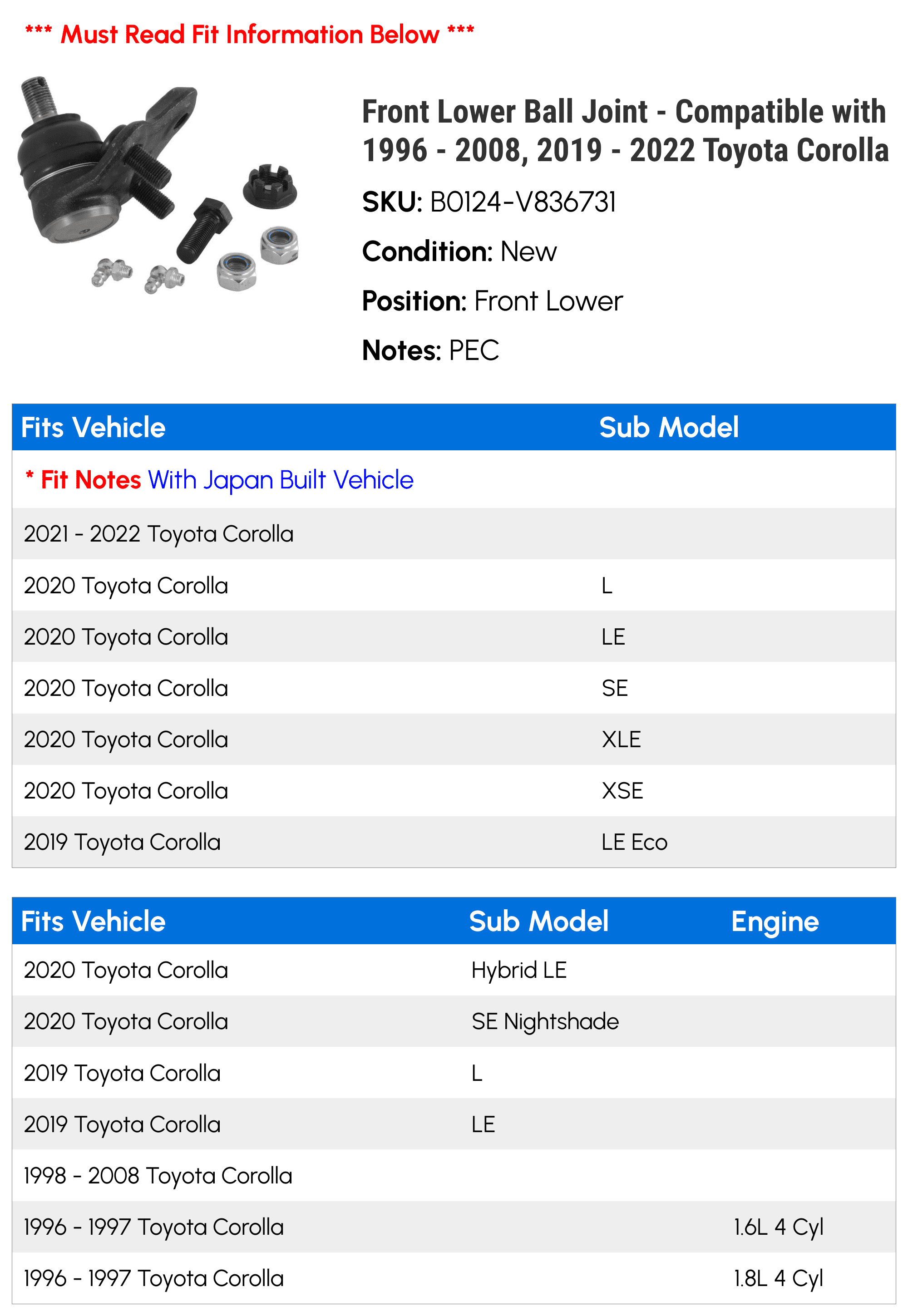 Front Lower Ball Joint - Compatible with 1996 - 2008, 2019 - 2022 Toyota Corolla 1997 1998 1999 2000 2001 2002 2003 2004 2005 2006 2007 2020 2021