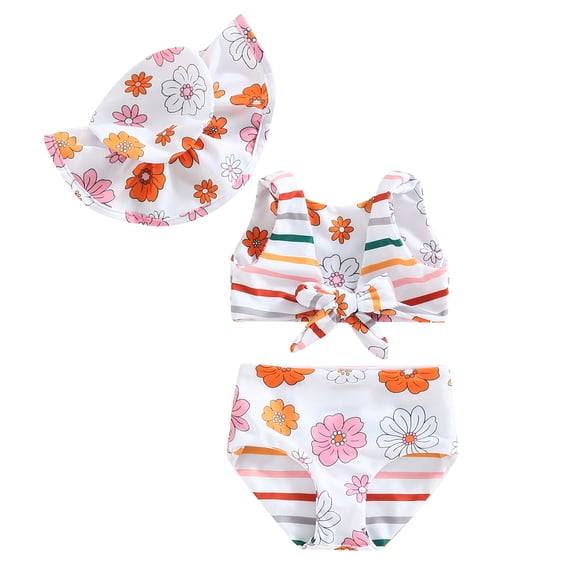 Kid Girls 3Pcs Swimsuit, Sleeveless V Neck Floral Print Vest Summer Beach Girls Swimwear Shorts   Hat