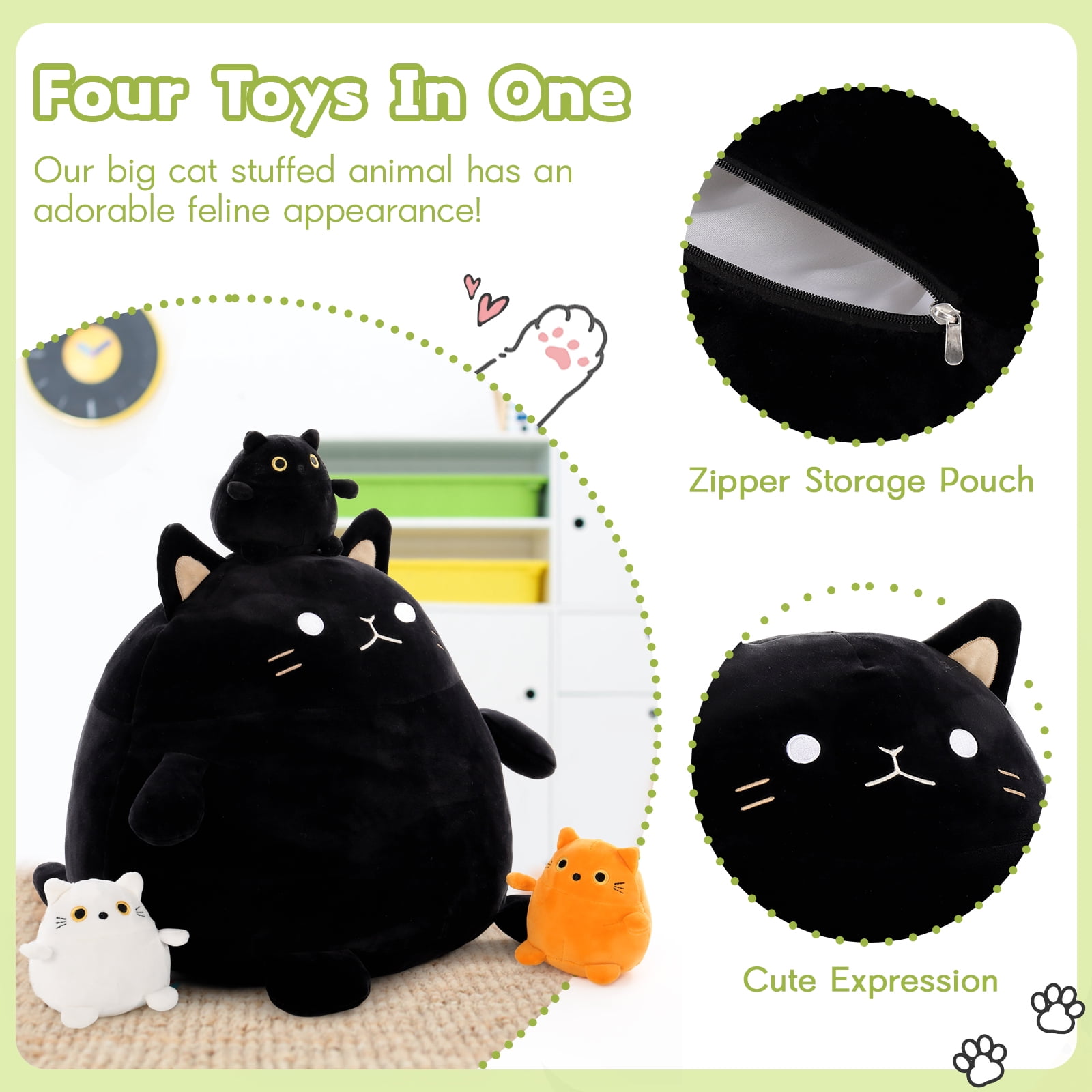 MorisMos 16" Black Fat Cat Stuffed Animal Mommy Cat with 3 Kitty Plush Toys