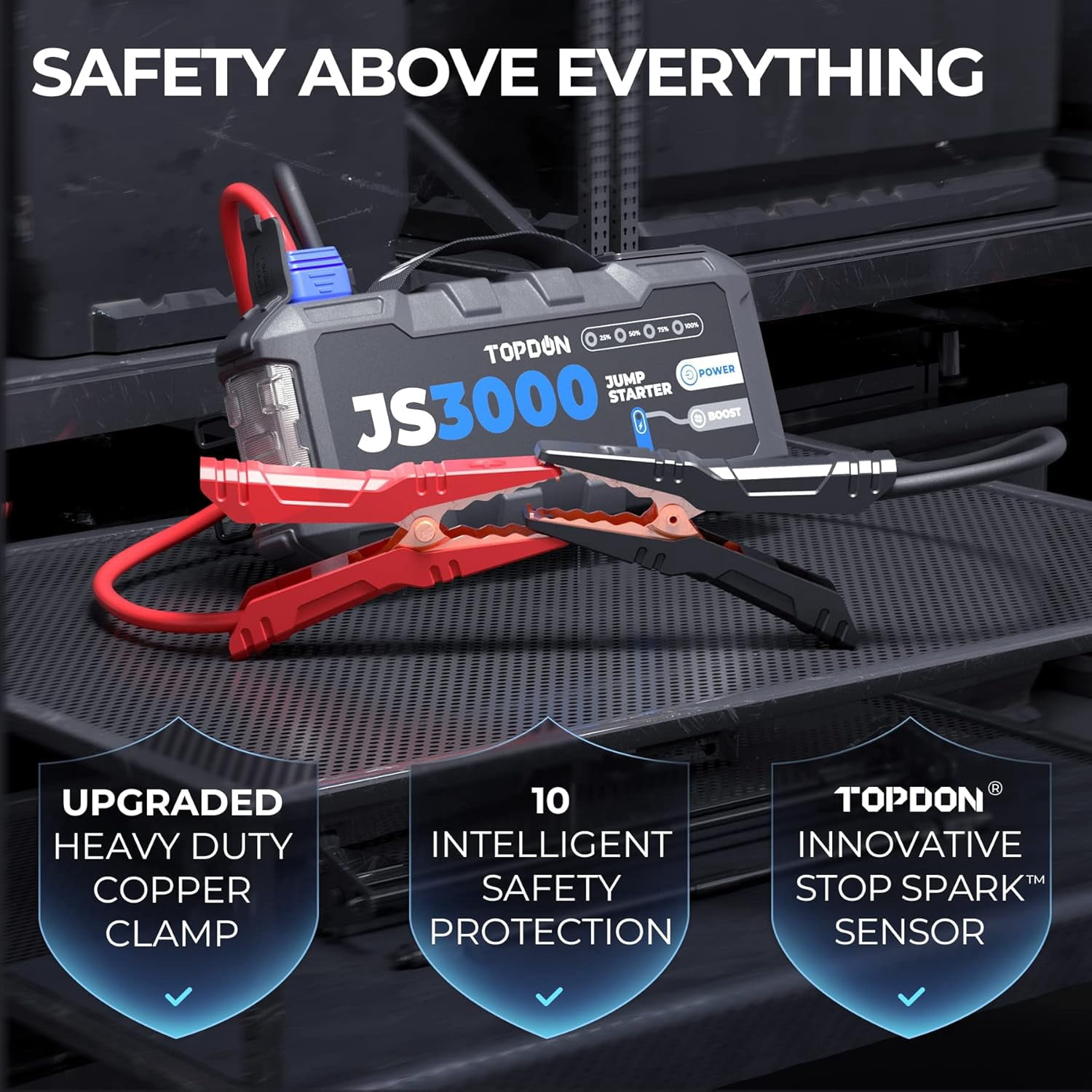 TOPDON JS3000 12V 3000A Jump Starter - Battery Booster for 9L Gas & 7L Diesel, Portable Car Battery Charger