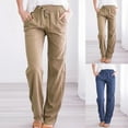 thumbnail image 2 of DPTALR Women Casual Cotton And Linen Solid Drawstring Elastic Waist Long Straight Pants, 2 of 9