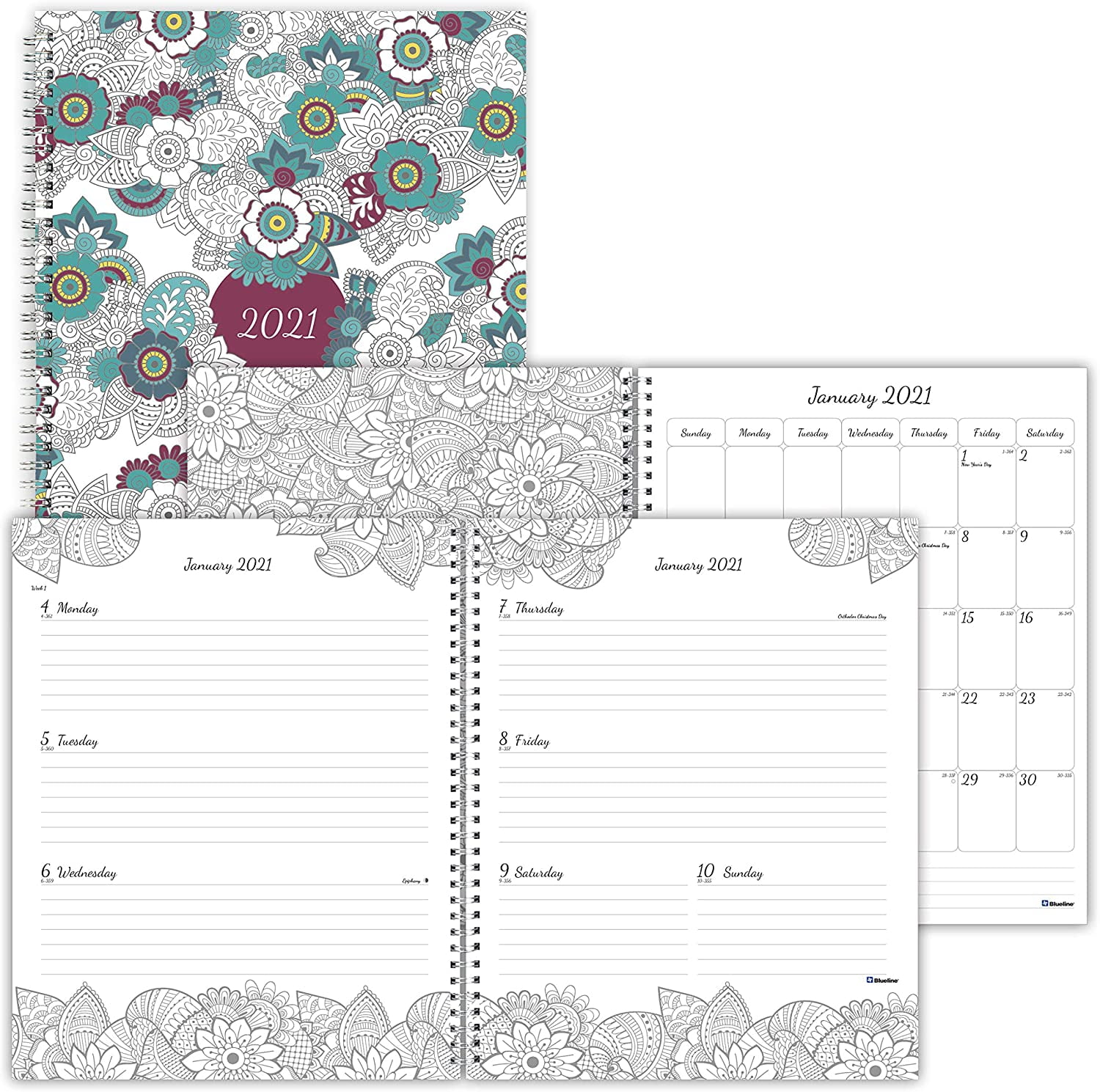 Blueline 2021 DoodlePlan Coloring Weekly/Monthly Planner, Botanica
