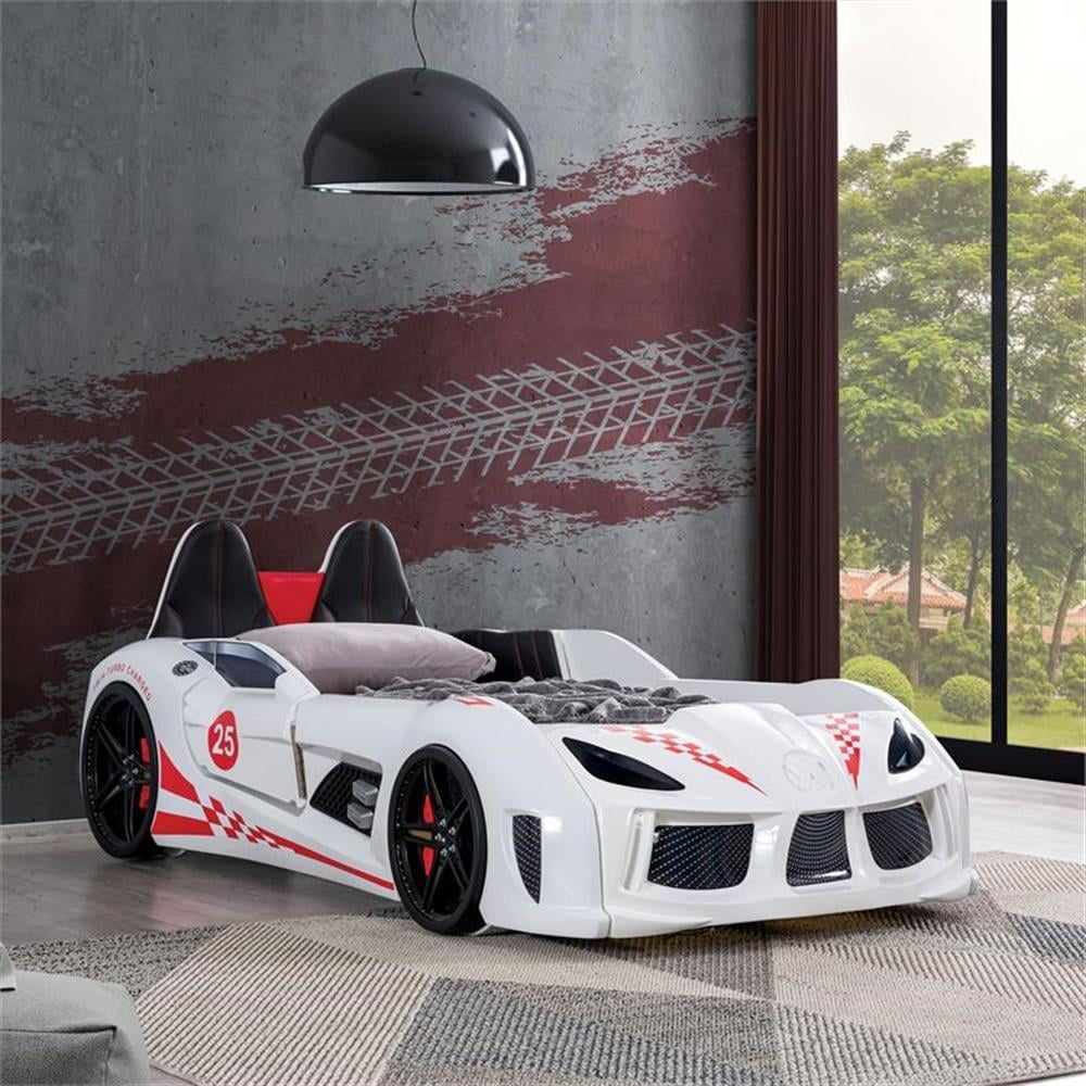 Furniture of America Sonet Plastic Twin Race Car Bed with LED Light in White