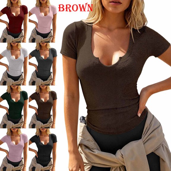 Sleek Solid Short Sleeve Layering Top Everyday Tee Comfortable Fit Brown L