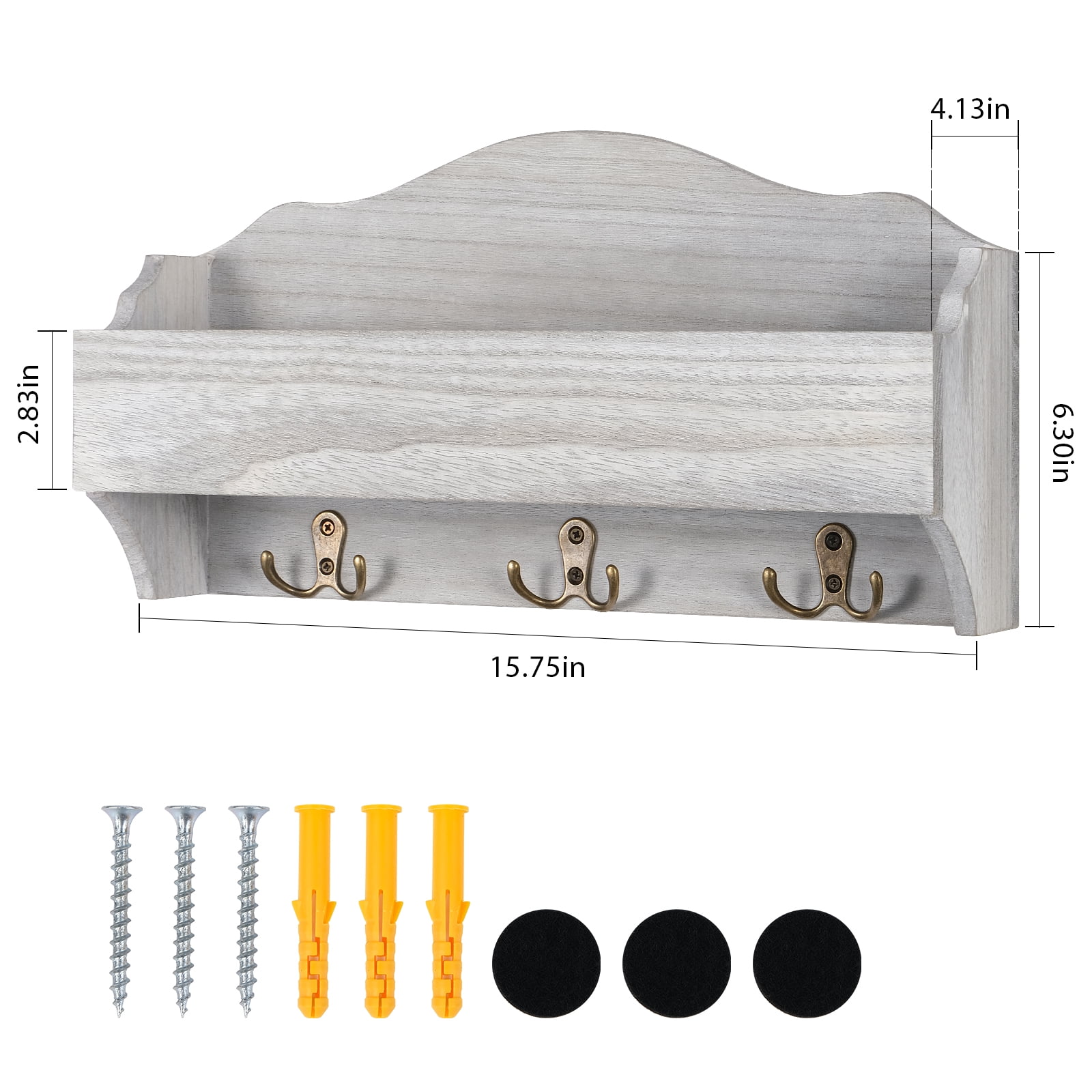 Vintage Wooden Mail 1-Piece Floating Wall Shelf With 6 Key Hooks, Rustic White