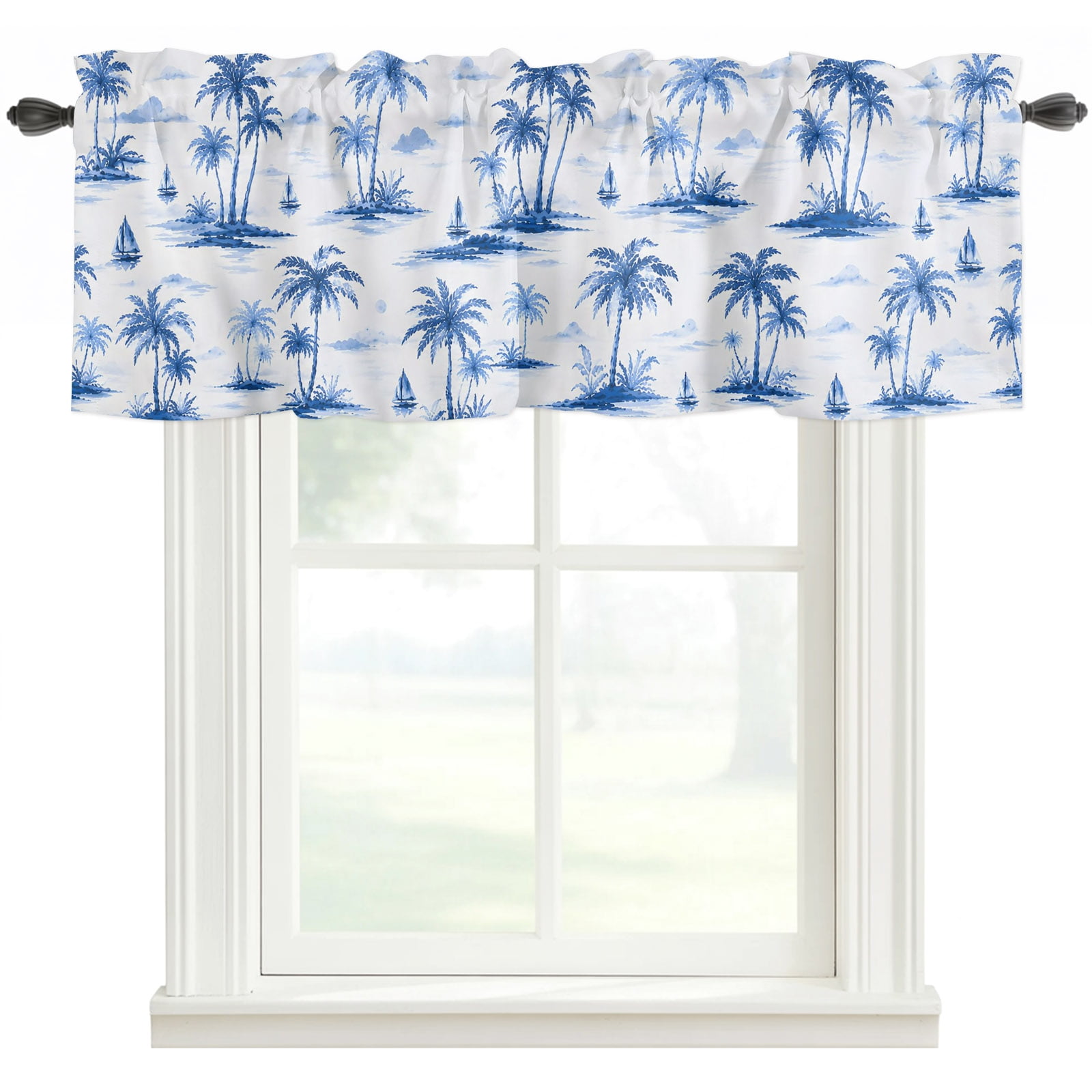 Summer Tropical Plants Valances for Windows Farmhouse Kitchen Curtains Valances Rod Pocket Valance Curtains for Windows Blue Palm Tree Ocean Sailboat Window Valances for Bathroom Bedroom 54 x18