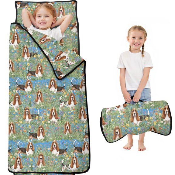 Basset Hound and Wildflower Blue Teens Toddler Nap Mat with Pillow, Sleeping Mat Bag for Preschool Daycare 59"x22"