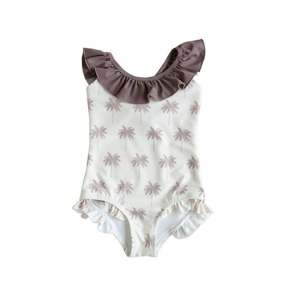 Zylarhe Girls Swimsuit, Toddler Girls Floral Ruffle Swimsuit UPF50  Sun Protective Beach Bathing Suit for Summer Pool Play 7-8 Years Brown