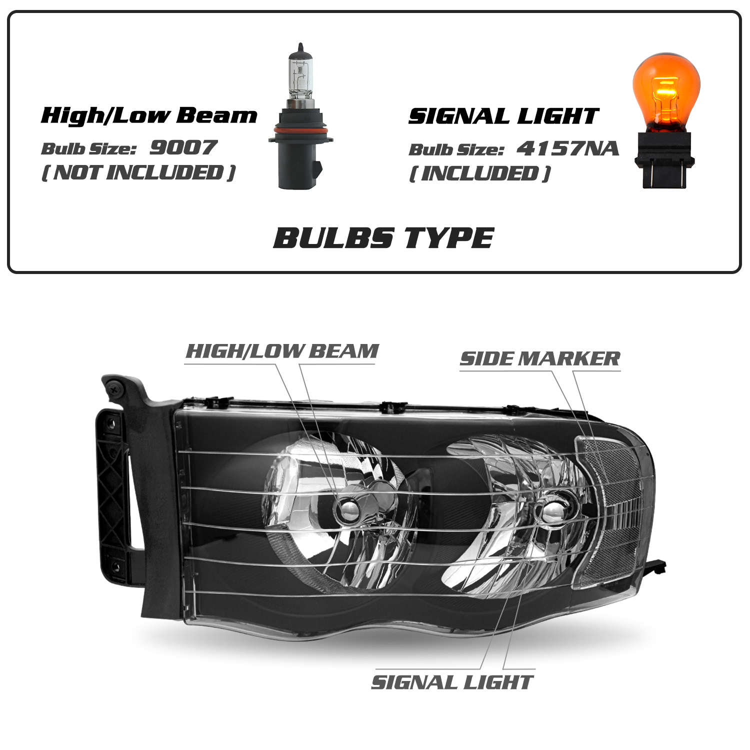 Bryght Black Housing Clear Corner Halogen Headlights Fits 2002-2005 Dodge Ram 1500 2500 3500
