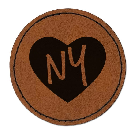 NY New York State in Heart 2.5" Faux Leather Round Engraved Iron-On Patch - Brown