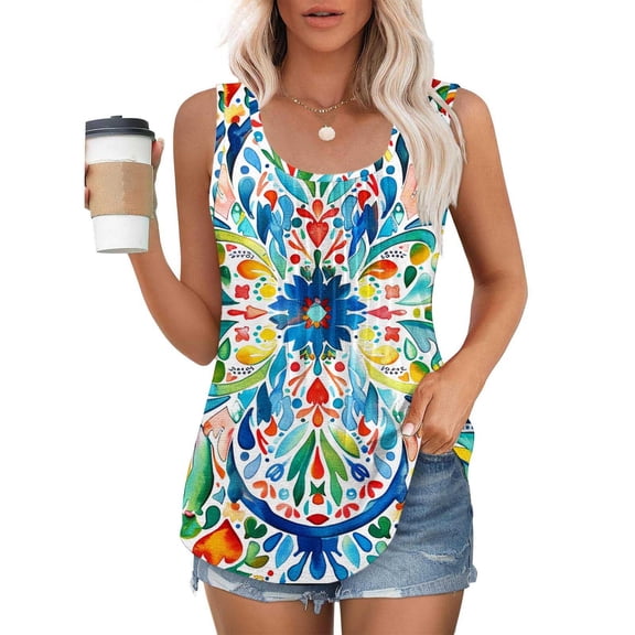 TARIENDY Long Tank Tops for Women Plus Size Sleeveless Graphic Tees Casual Loose Round Neck Blouses Tunic Going Out Tops Multicolor XXXXXL