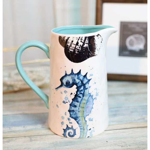 Nautical Marine Blue White Seahorse Ceramic Hot Or Cold Drink Jug Pitcher 35oz