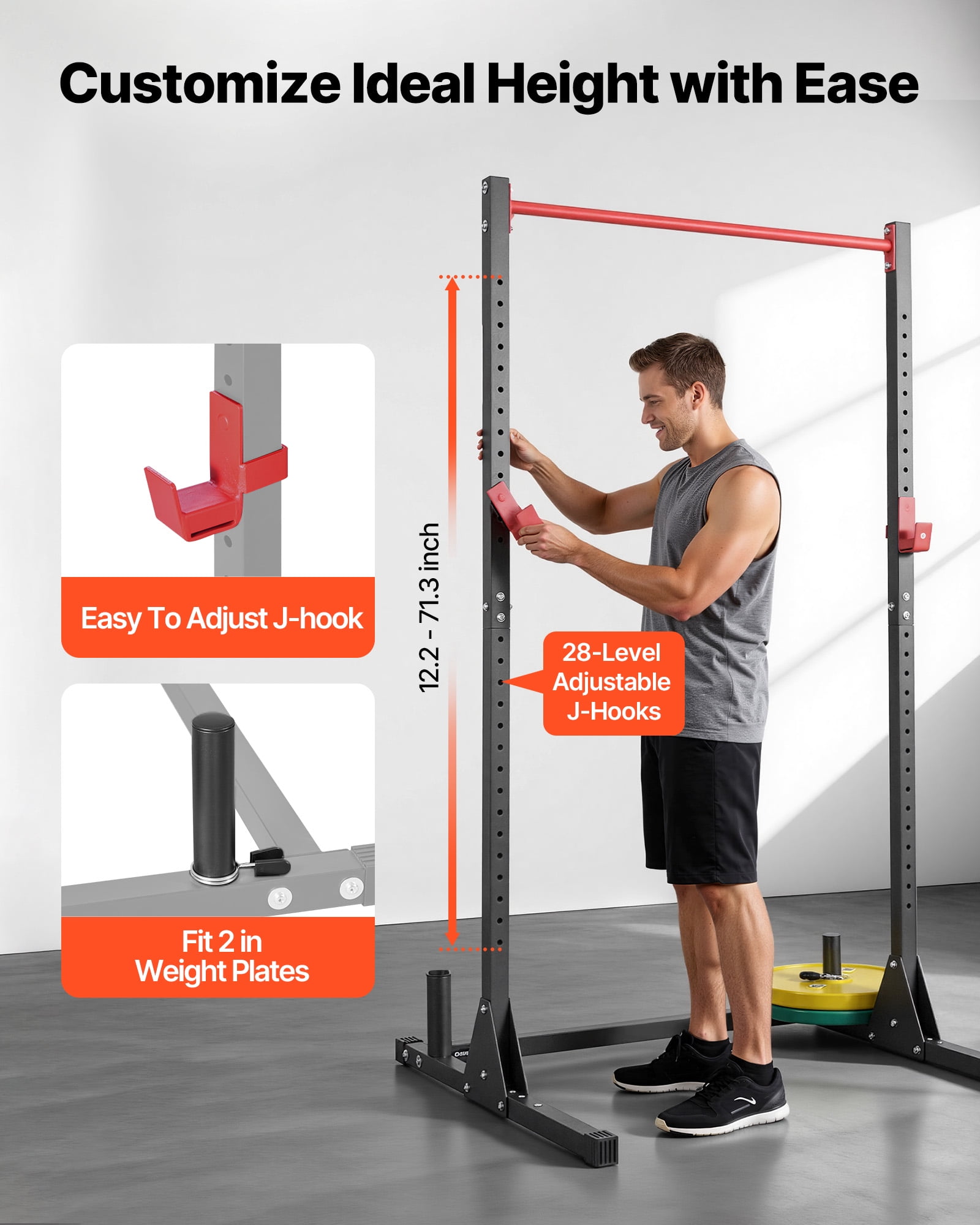 VEVOR Power Cage Squat Rack, Multifunctional Power Rack Bench Press Equipment with 28-Level Adjustable J-Hooks, 800LBS Strength Training Workout Home Gym for Barbell Squats, Pull-Up, Weight Lifting