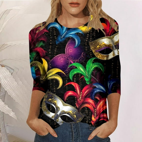TYGHBN Ladies' Carnival Printed Round Neck Top Casual Loose 3/4 Sleeves Quarter Sleeves T Shirt Top Spandex Tee New Day Shirt Women Long Sleeve Shirts Women Stripe Shirt Short Sleeve Athletic Shirt