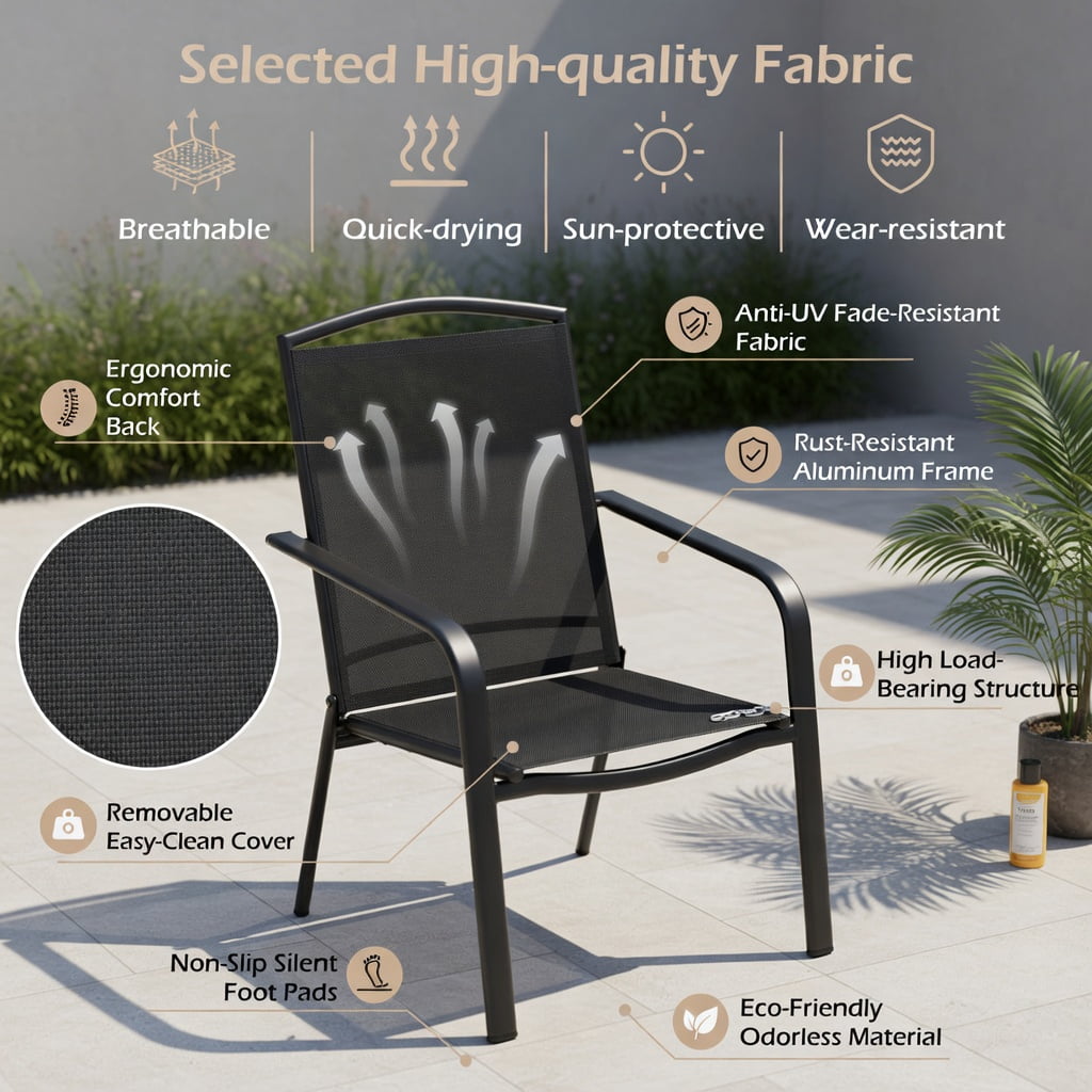 Hommoo 2-Piece Outdoor Swivel Chairs Set, High-Back, Breathable Mesh Seat, 360° Rotating & Gentle Rocking, Powder-Coated Metal Frame, Black