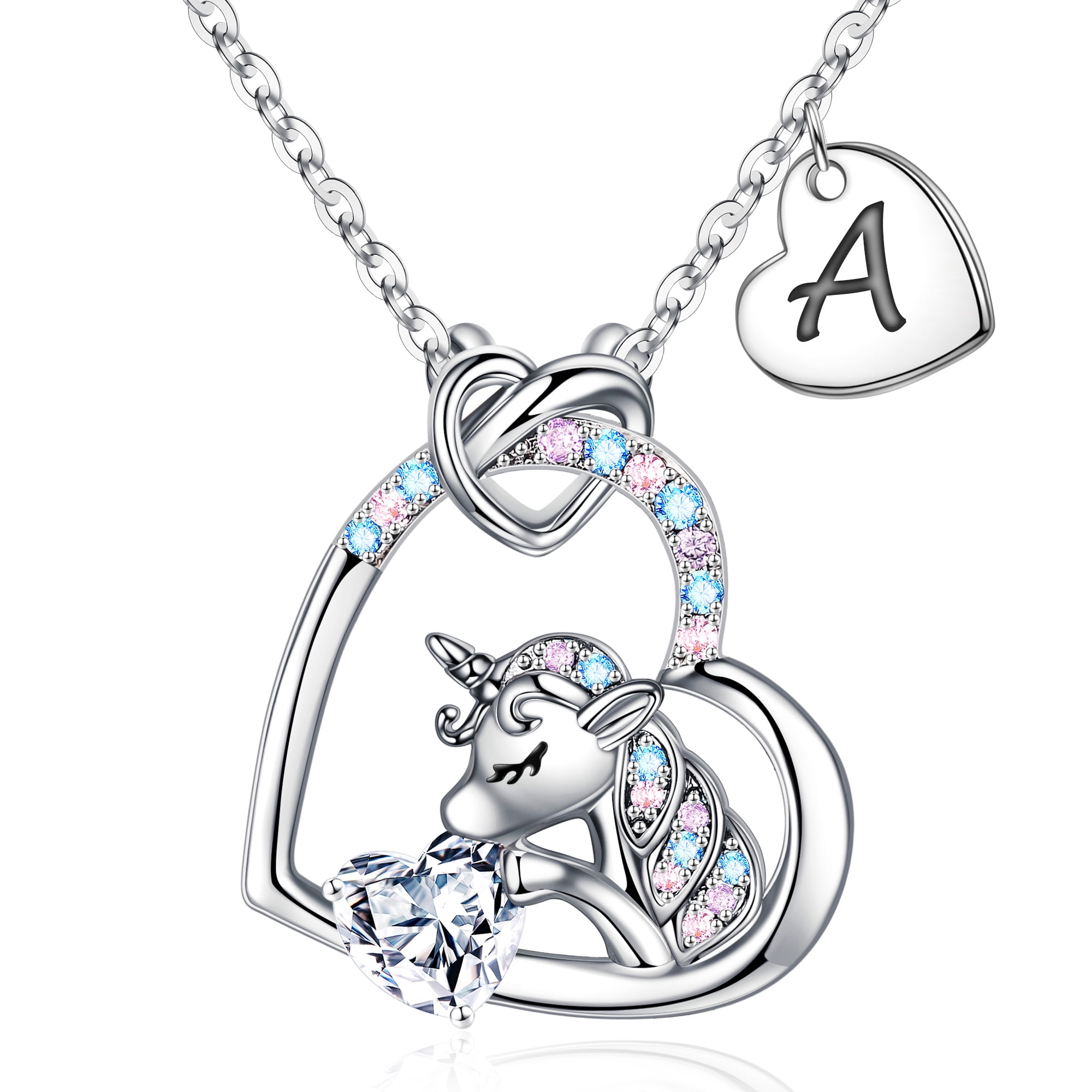 Turandoss 14K White Gold Plated Colorful Cz Initial Unicorn Heart Pendant Necklaces for Women Jewelry Birthday Teacher Appreciation Mothers Day Graduation Gifts for Her Mom Kids Teen Girls Wife Ideas