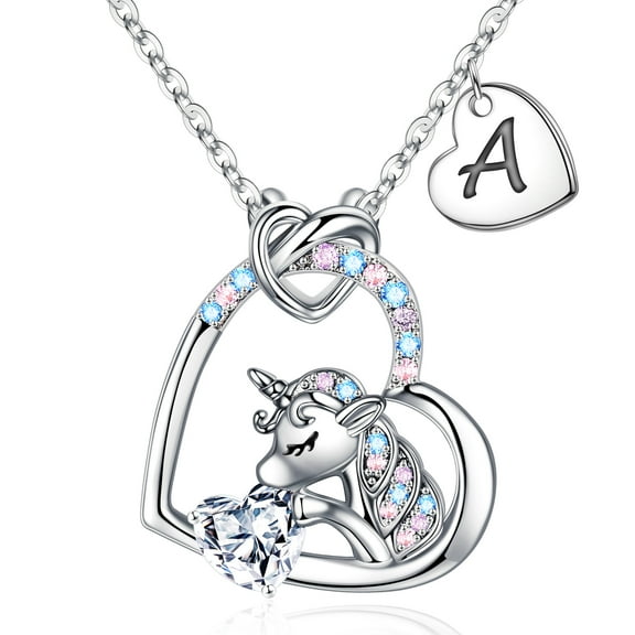 Turandoss 14K White Gold Plated Colorful Cz Initial Unicorn Heart Pendant Necklaces for Teens Little Girls Daughter Kids Jewelry Valentines Day Birthday Gifts for Women Girls Age 8-12