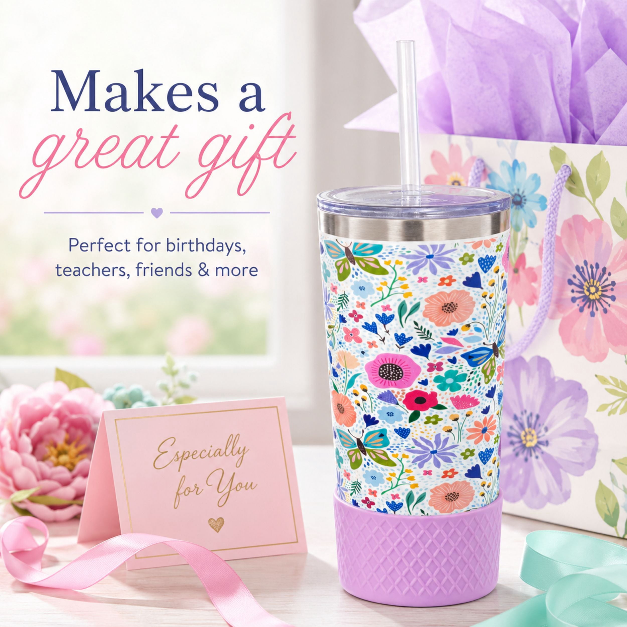 Biddlebee 20oz Insulated Stainless Steel Tumbler with Straw and Silicone Boot, Garden Blooms