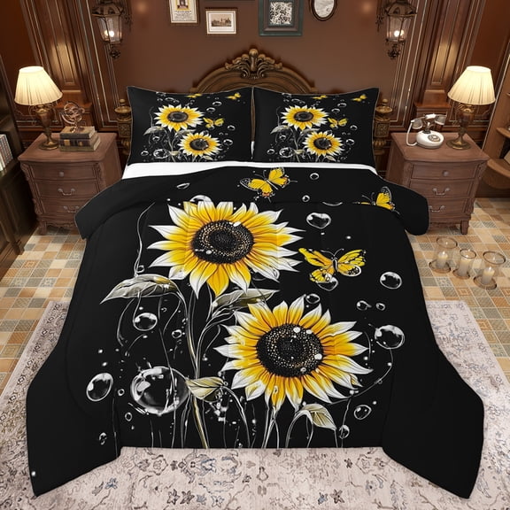 Homewish Cartoon Sunflower Teen Bedding Comforter Set, Dreamy Butterfly Animal Twin Comforter Sets, Rustic Plant Botanical Reversible Bedding Set, Super Cozy Room Decor, 2 Pieces