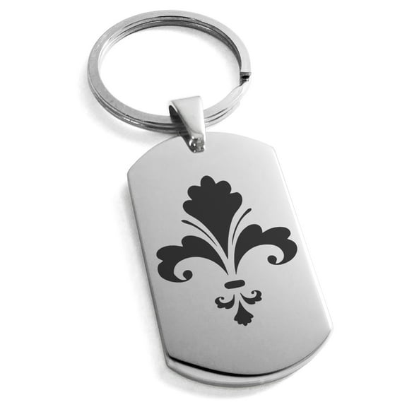 Stainless Steel Floral Fleur De Lis Engraved Dog Tag Keychain Keyring