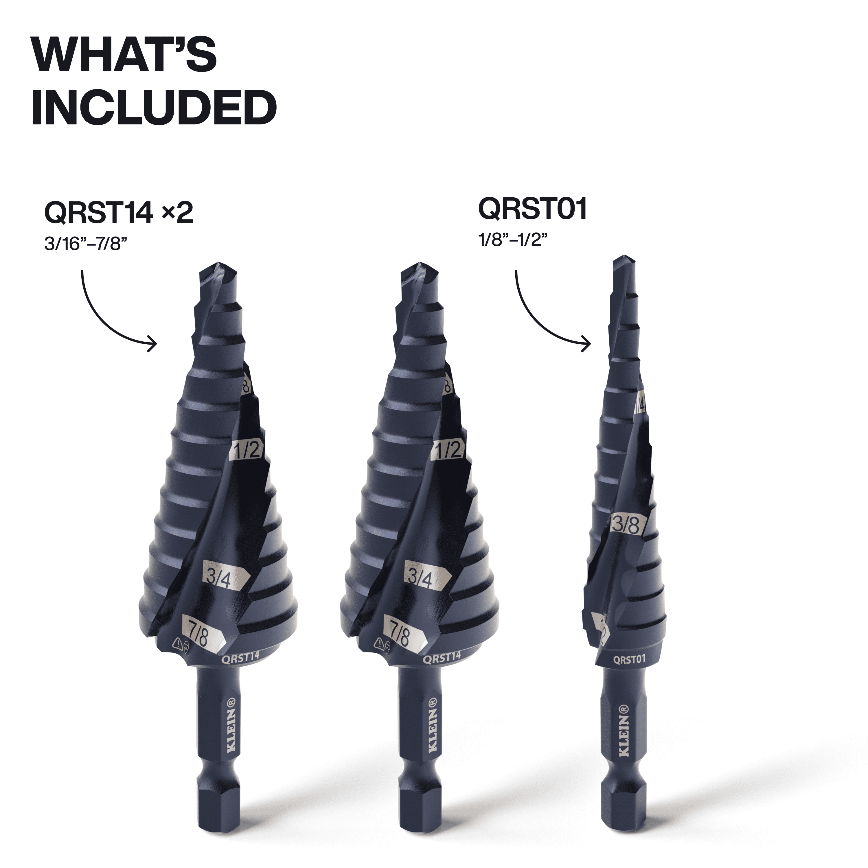 Klein Tools Step Drill Bit Set, Quick-Release, Double Fluted, 3-Piece