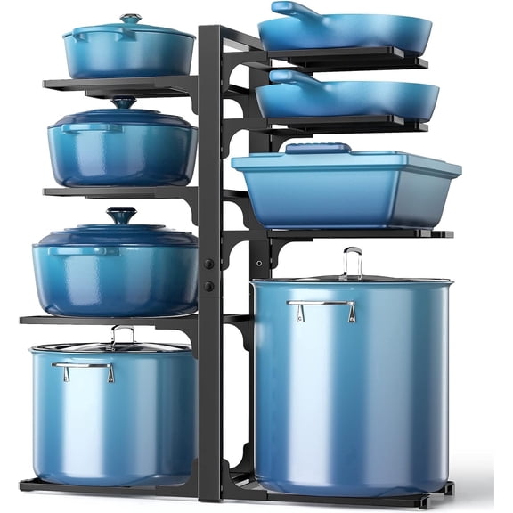 Pots and Pans Organizer, MUDEELA 8-Tier Adjustable Pot Rack for Cabinet, Pan Organizers inside Cabinet with 3 DIY Methods, Black