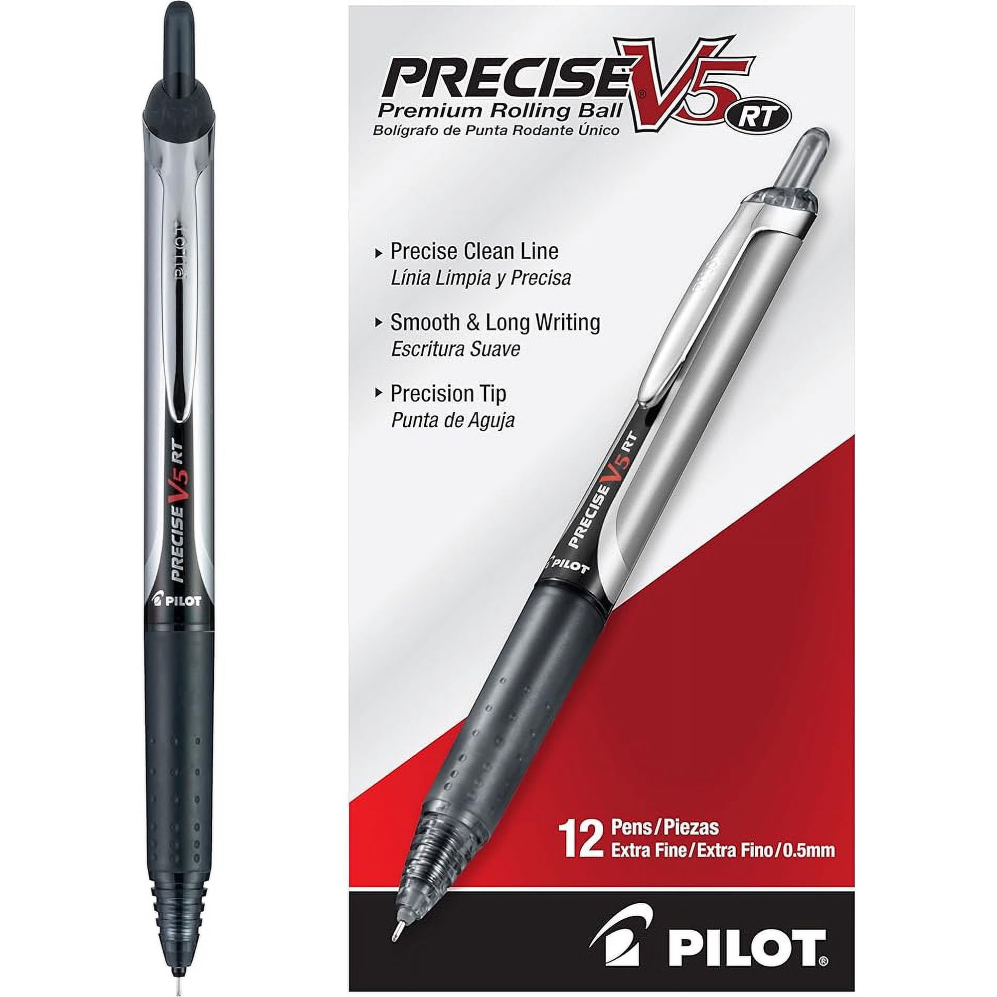 Pilot Precise V5 RT Retractable Rolling Ball Pens, Extra Fine Point, Black Ink, Dozen Box (26062)