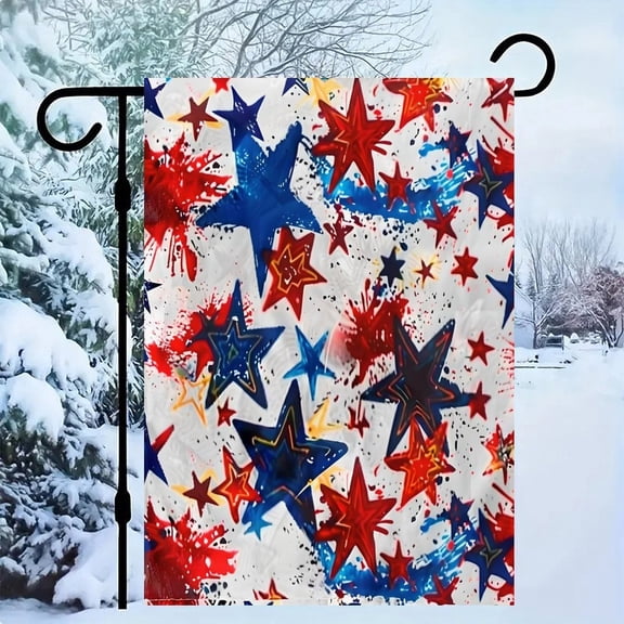 RKSupls Patriotic Linen Double Sided Garden Flag, Independence Day Themed Yard Decor, Abstract Stars with Red Blue Splatter Paint Outdoor Banner for Holiday Lawn