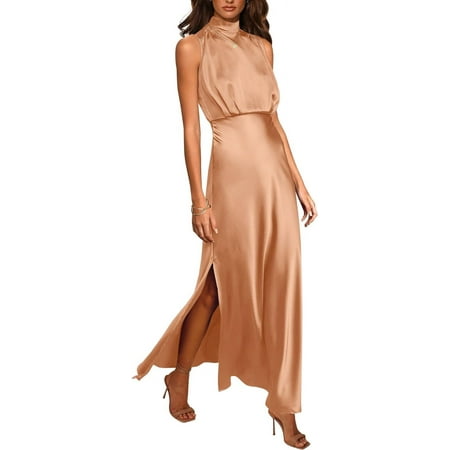 Women Sleeveless Mock Neck Cocktail Dresses Keyhole Elastic Waist Party Wedding Guest Satin High Split Maxi Dress