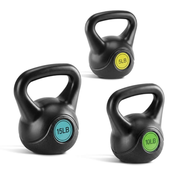 SHOUFTW Powder-Coated Kettlebell with a Cast Iron Core, with a Non-Slip Handle and Flat Base, Suitable for Fitness Training, Durable For Strength Training，Three-Piece Set(5/10/15lb)