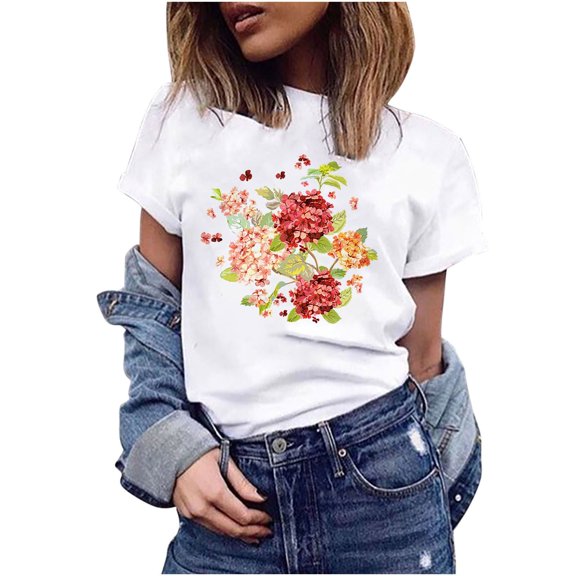 Lolmot T Shirts for Women Loose Fit Summer Fashion Casual Graphic Printed Round Neck Short Sleeved Tops Dressy T-Shirt