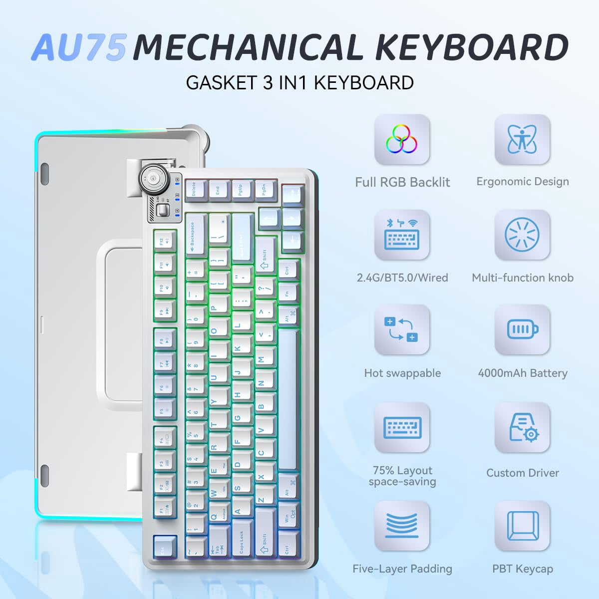 Aula AU75 Wireless Mechanical Keyboard, Hot Swap Gasket Gaming Keyboard with Knob, 4000mAh, 75% Five-Layer Padding PBT Keycaps, Blue