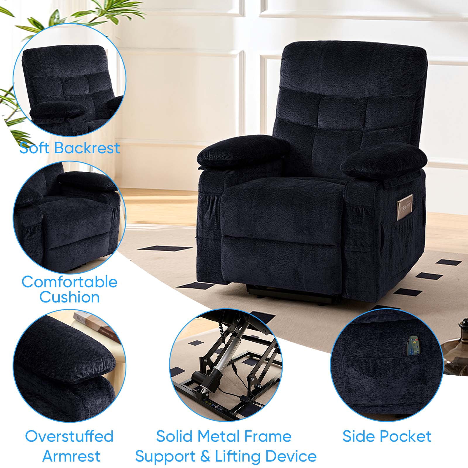 Puremind Dual Motor Power Lift Recliner Chair for Elderly, Electric Lift Recliner Single Sofa with Heating and Message for Living Room/Bedroom, Black