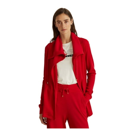 LAUREN RALPH LAUREN Womens Red Pocketed Ribbed Drawstring Long Sleeve Open Front Cardigan S