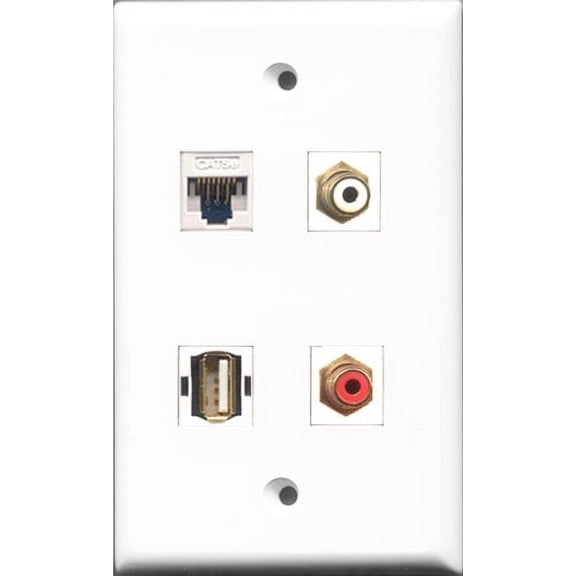 RiteAV 1 Port RCA Red and 1 Port RCA White and 1 Port USB A-A and 1 Port Cat5e Ethernet White Wall Plate