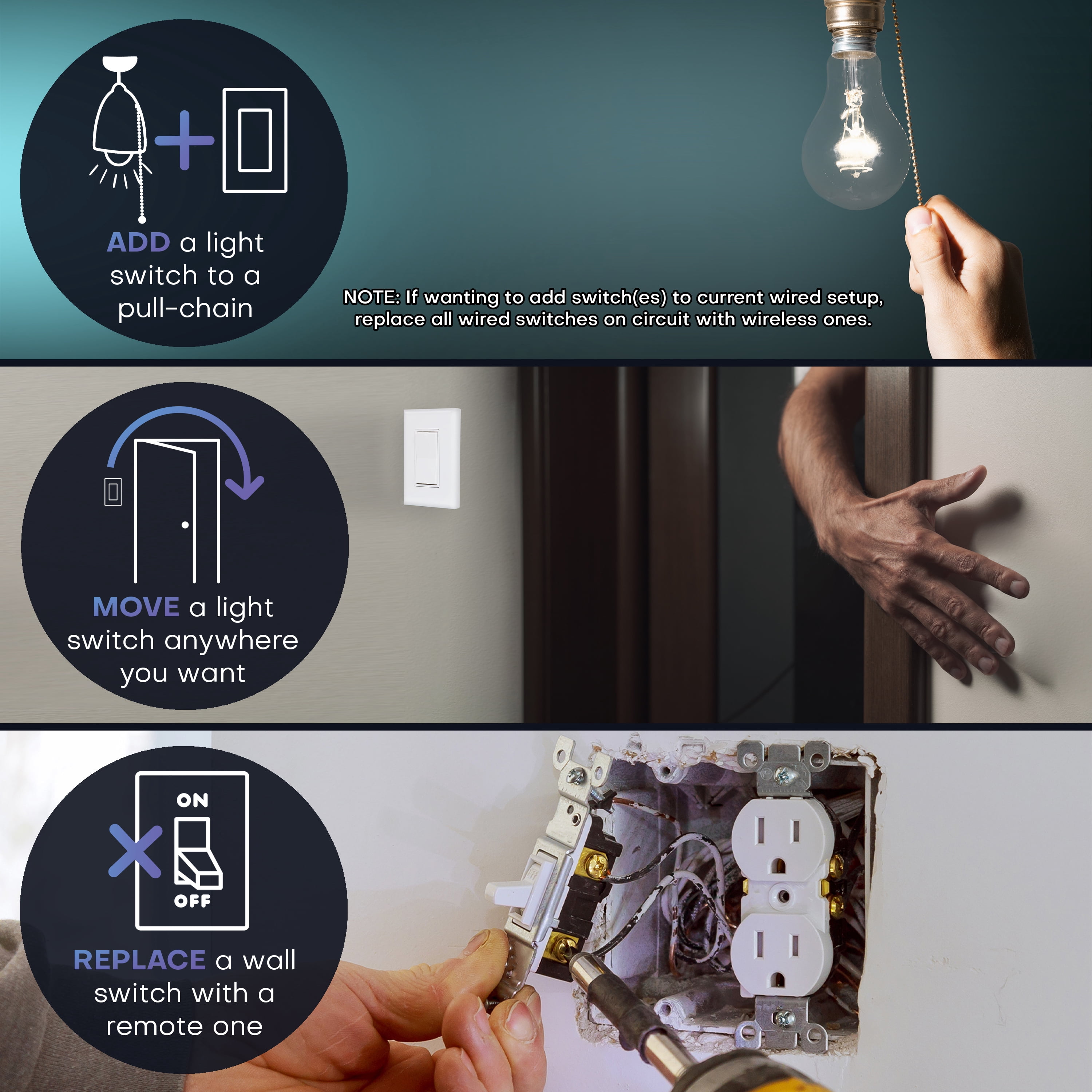 RunLessWire 2 Fixture On/Off Wireless Battery-Free Remote Light Switch Kit 150ft Range - Light Almond