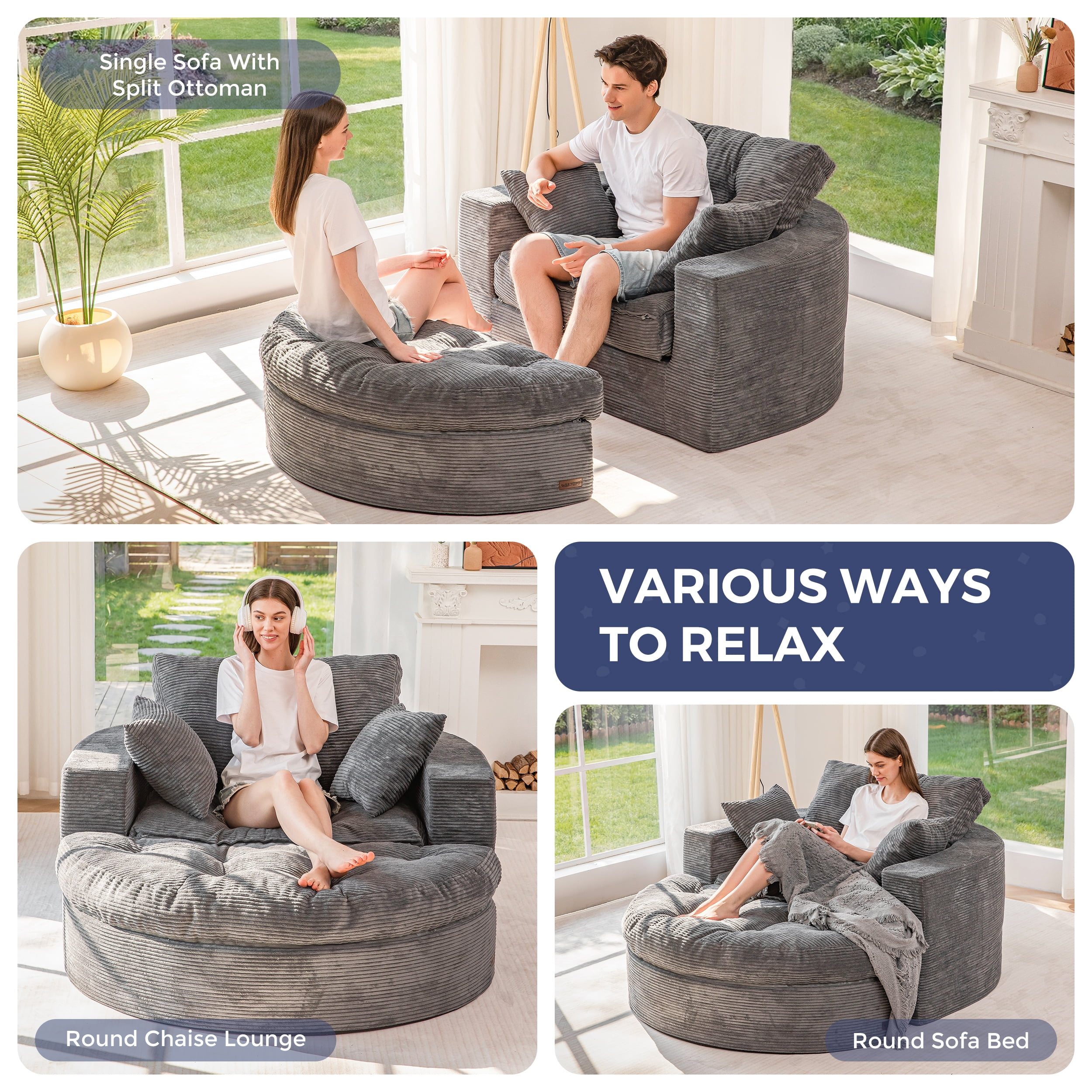 BYBYME 49''Round Chaise Lounge Chair,Corduroy Sofa Bed With Deep Seat,Upholstered Boneless Chaise Indoor,Cozy Sleeper Couch for Living Room with Ottoman,DGrey